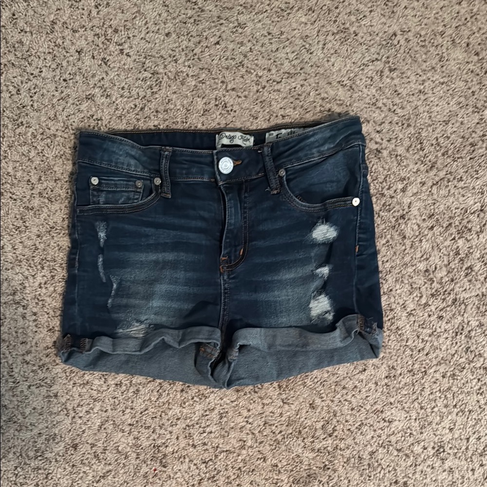 dark wash distressed denim shorts
